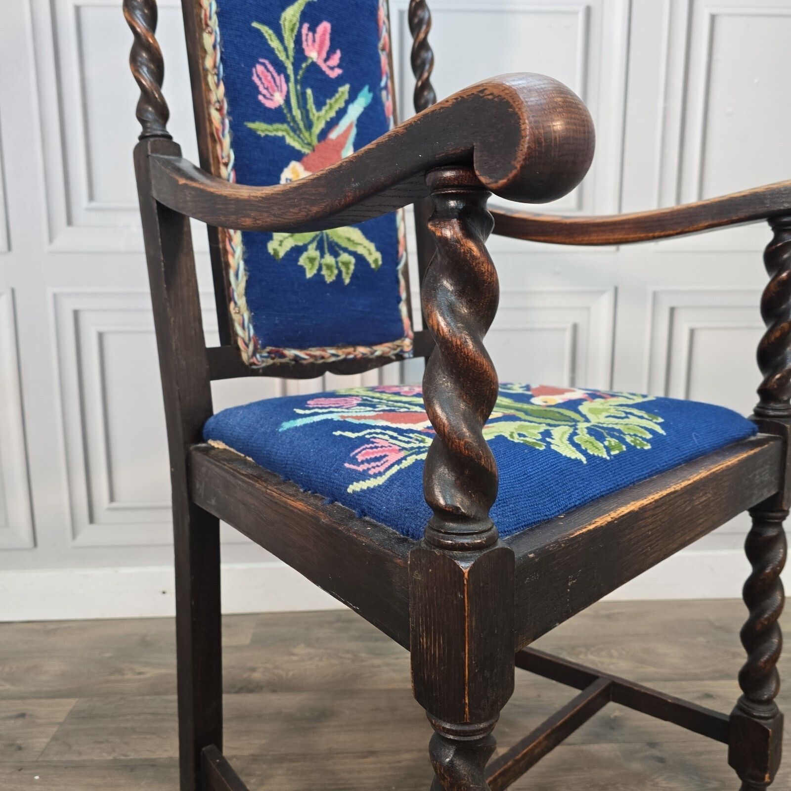 Antique Oak Wooden Armchair   Barley Twist Tapestry Upholstered Hall Chair Seat photo Furniture