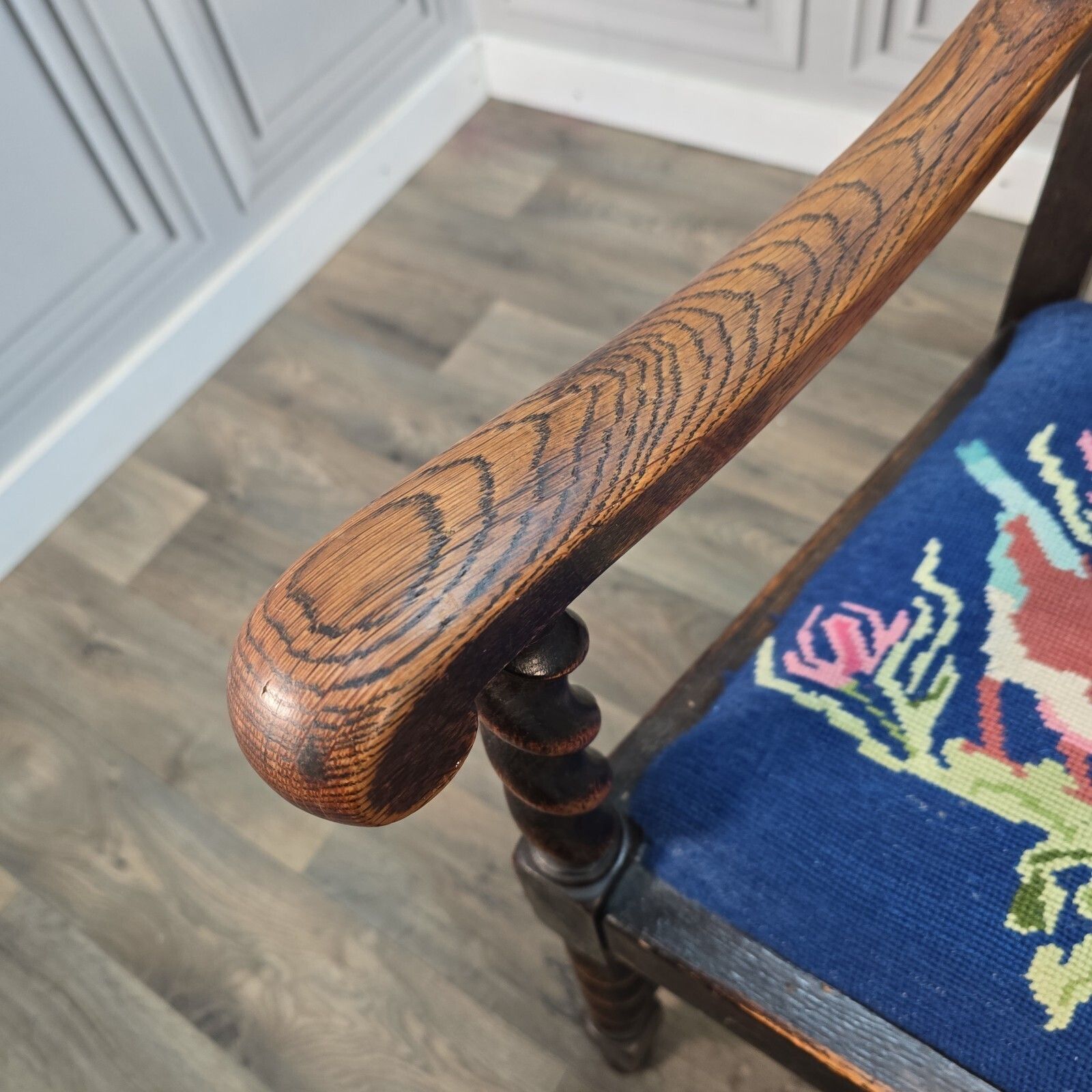 photo furniture Antique Oak Wooden Armchair   Barley Twist Tapestry Upholstered Hall Chair Seat