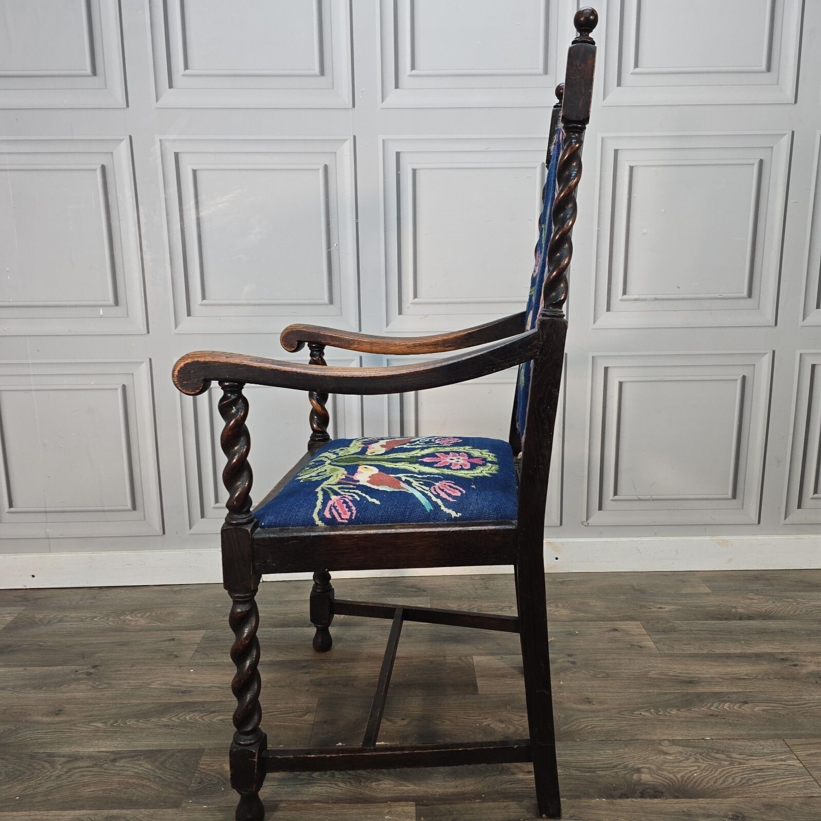 230.0 Antique Oak Wooden Armchair   Barley Twist Tapestry Upholstered Hall Chair Seat photo