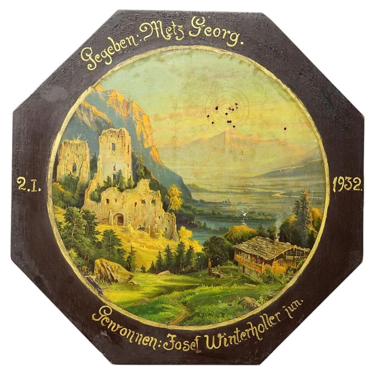 Antiek Ereschijf met Alpenlandschap en Kasteelruïnes, Duitsland 1932