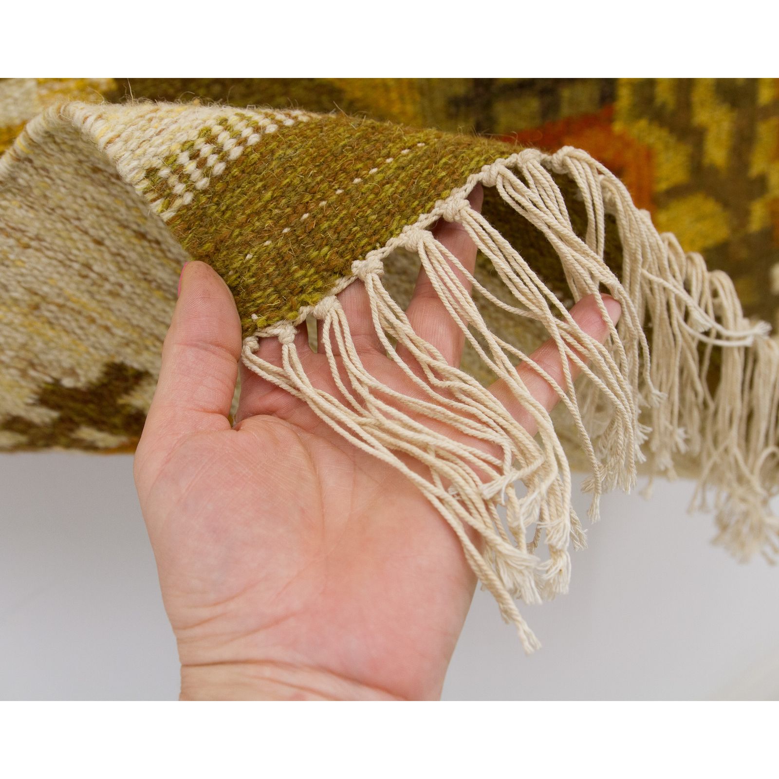 photo buy Vintage 70s Handwoven Tapestry In Mustard Yellow & Brown: Geometric Town