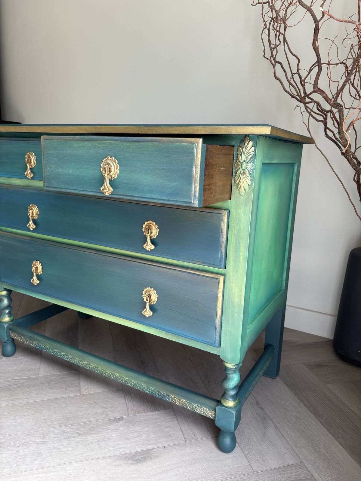Vintage Oak Chest Of Drawers, Green photo Furniture
