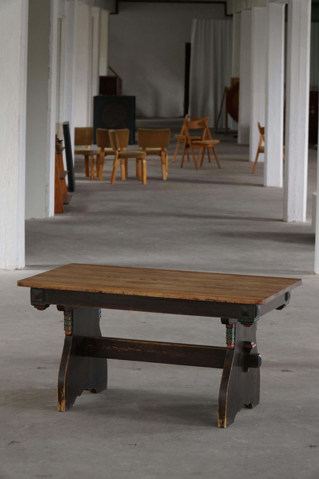 photo furniture Scandinavian Rustic Folk Art Dining Table In Stained Pine, Sweden, 1900s–1940s