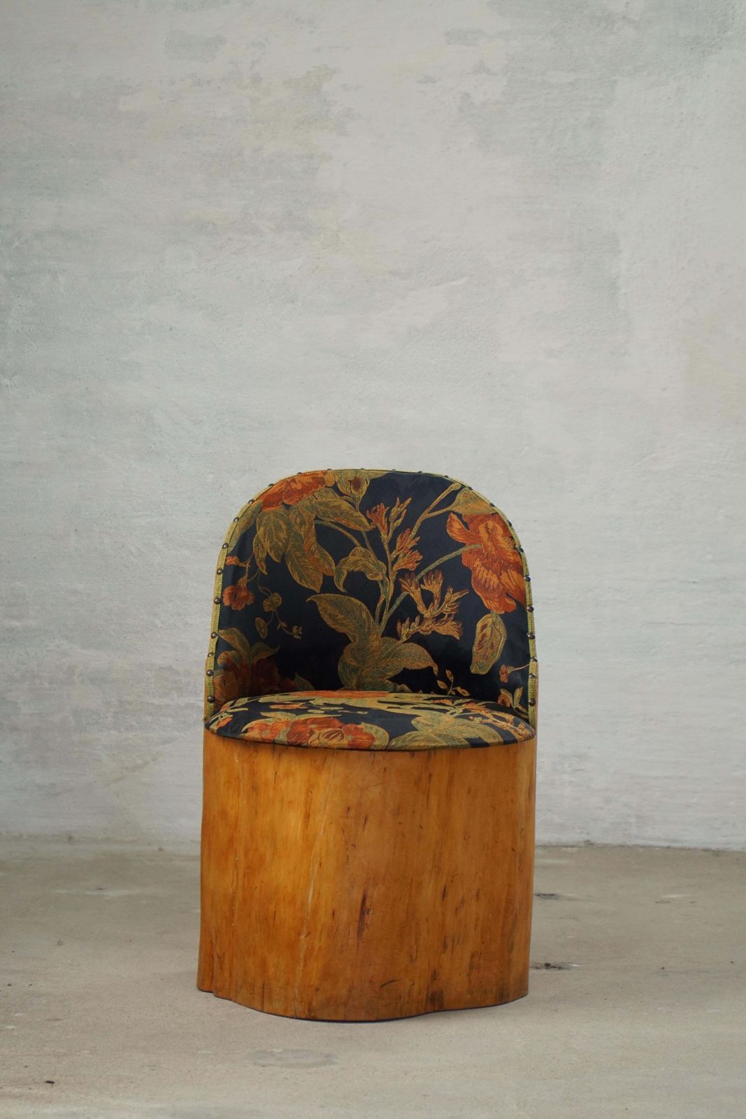 photo for sale Swedish Stump Chair / “Kubstol” In Pine & Floral Upholstery, Mid 20th Century