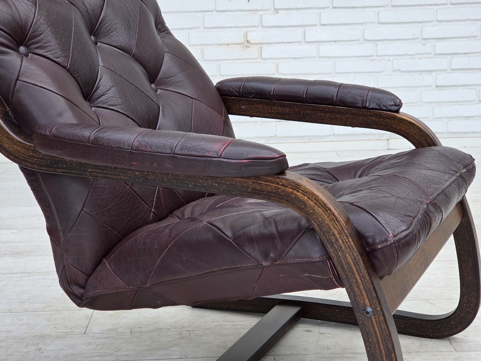 1970s, Scandinavian Armchair, Brown Furniture Leather, Bent Wood. photo Furniture