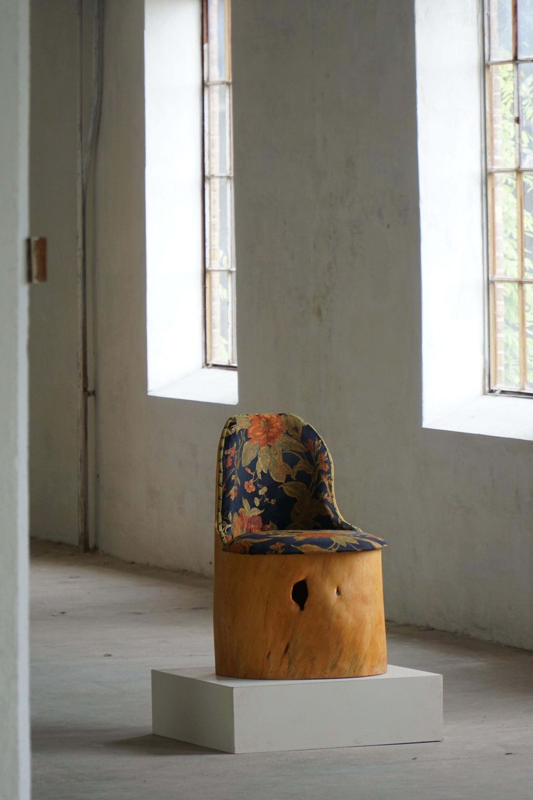Swedish Stump Chair / “Kubstol” In Pine & Floral Upholstery, Mid 20th Century photo buy