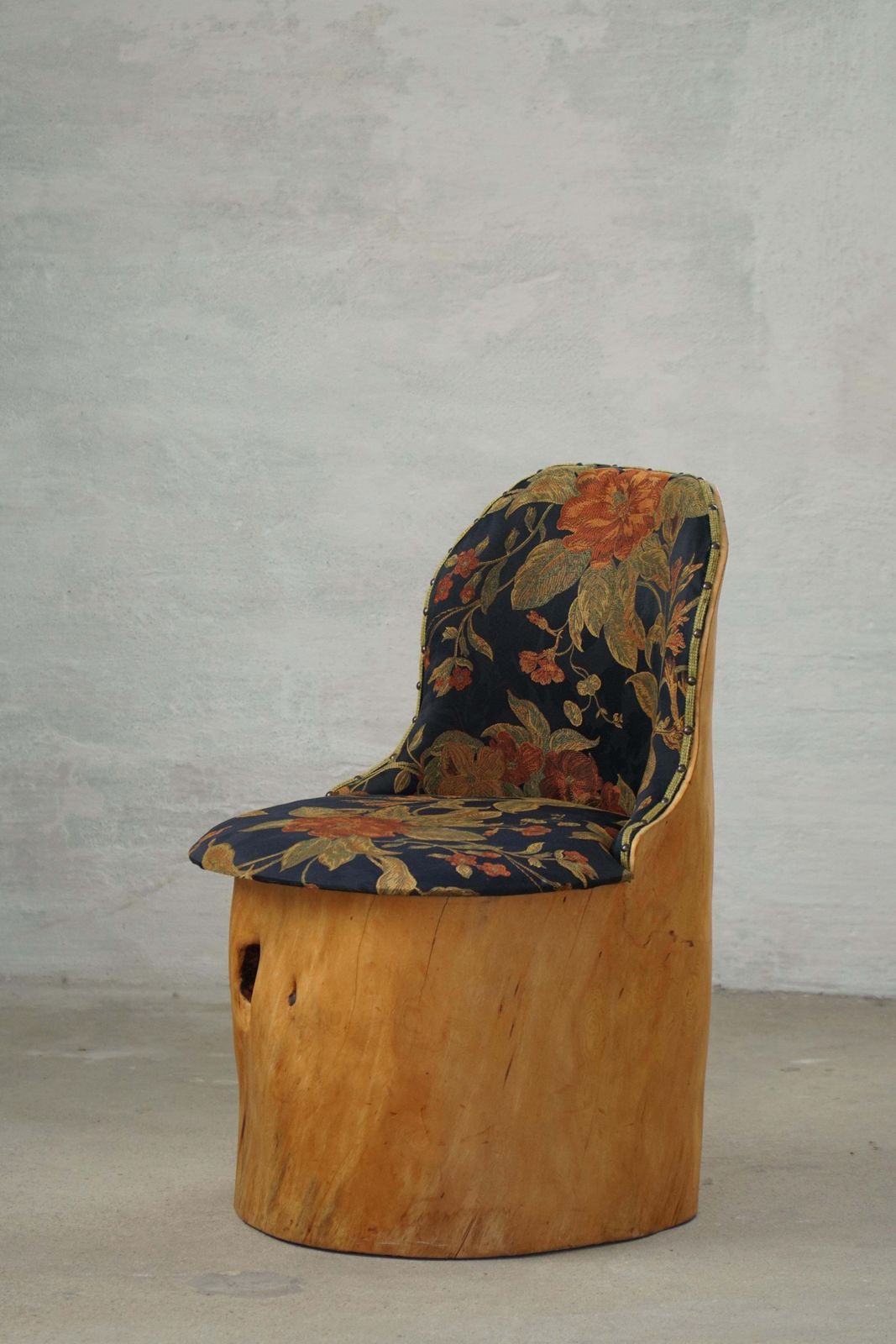 photo for sale Swedish Stump Chair / “Kubstol” In Pine & Floral Upholstery, Mid 20th Century
