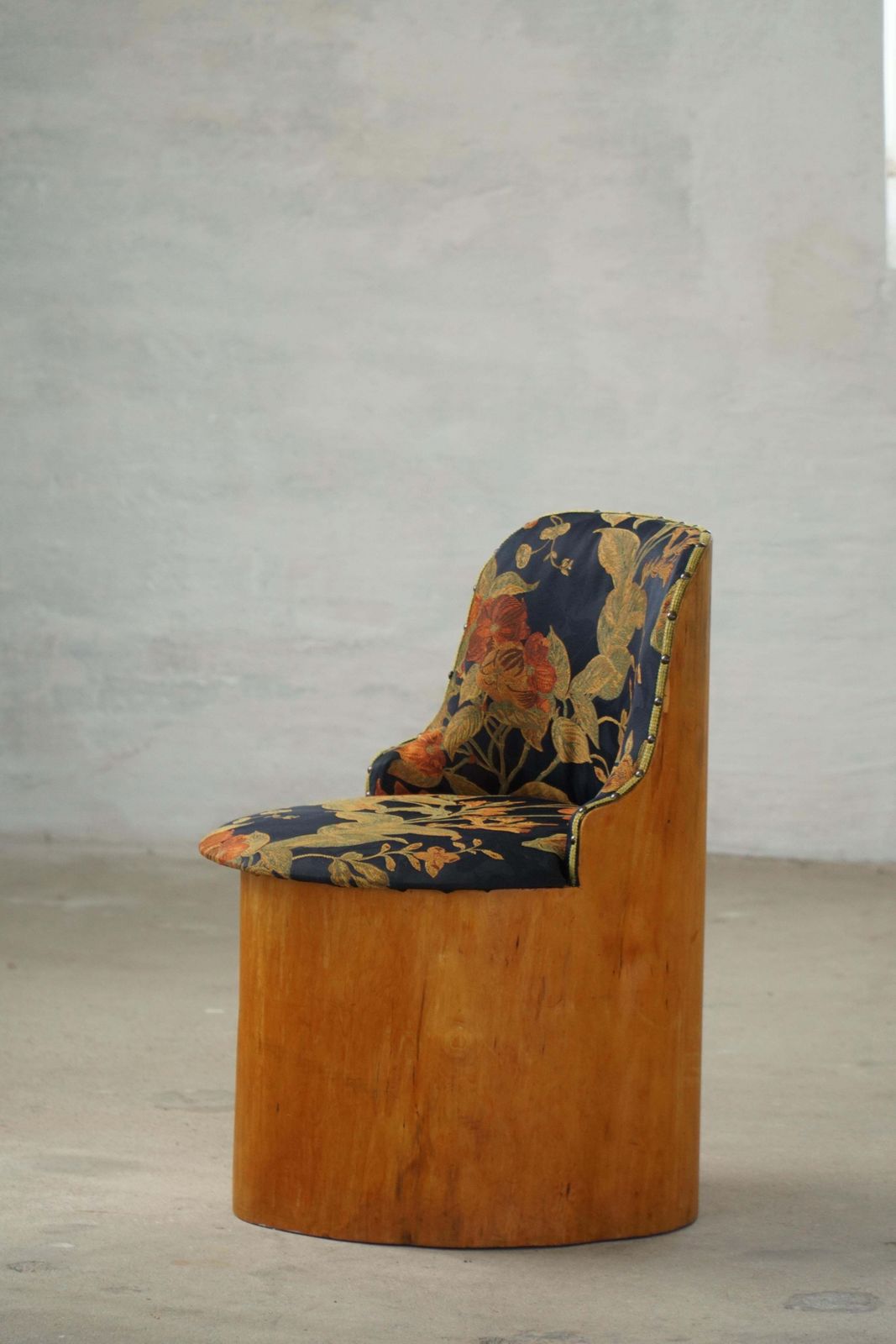 Swedish Stump Chair / “Kubstol” In Pine & Floral Upholstery, Mid 20th Century photo vintage