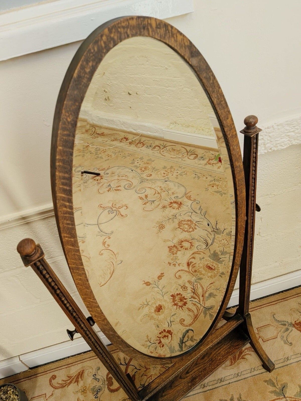 Edwardian Carved Oak Cheval Mirror On Brass Castors photo furniture