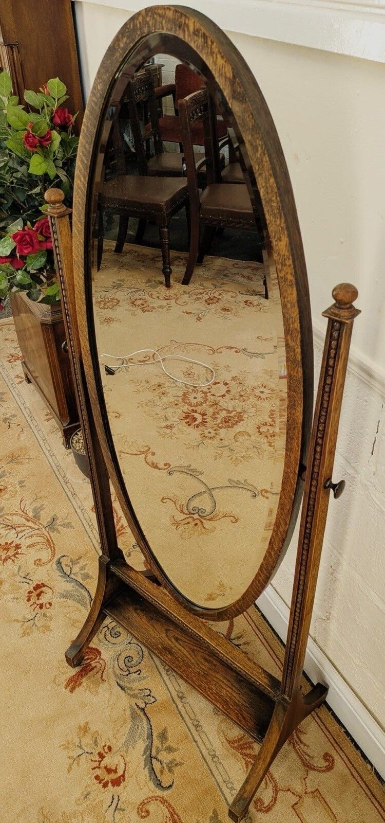 Edwardian Carved Oak Cheval Mirror On Brass Castors photo 325.0