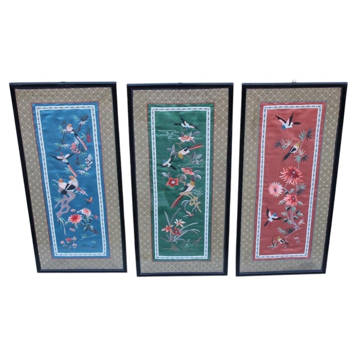 China Colorful Silk Fabric Paintings With Flowers Birds And Trees 1950s.