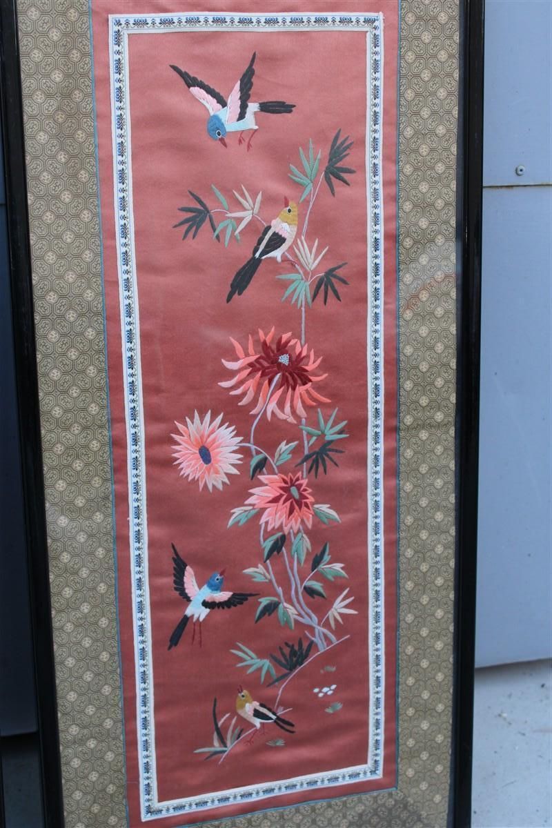 China Colorful Silk Fabric Paintings With Flowers Birds And Trees 1950s. photo furniture