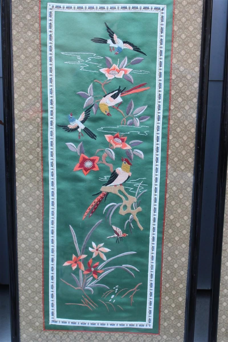 China Colorful Silk Fabric Paintings With Flowers Birds And Trees 1950s. photo for sale