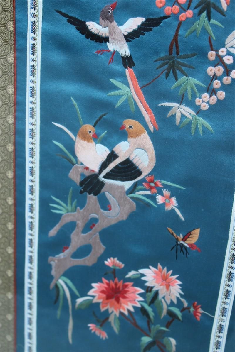 China Colorful Silk Fabric Paintings With Flowers Birds And Trees 1950s. photo vintage
