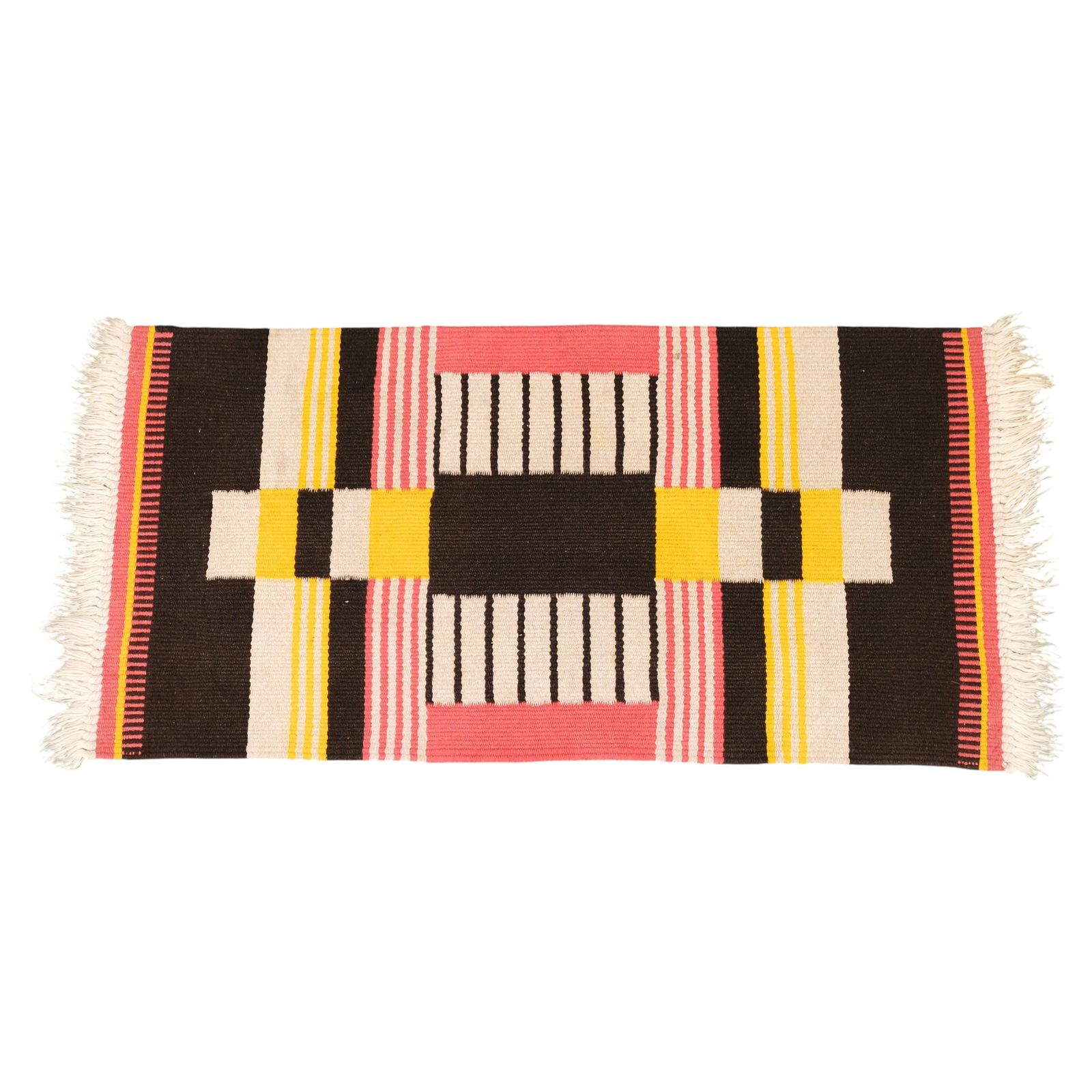 1950s Czech Geometric Wool Kilim Rug In Pink Black And Yellow.