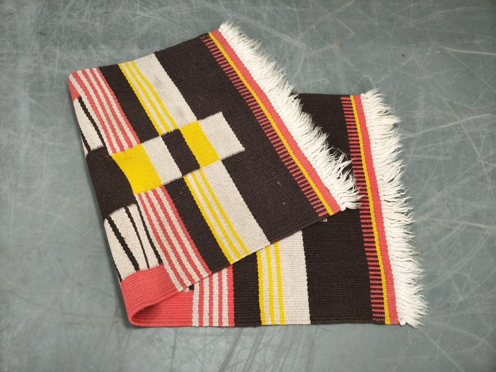 1950s Czech Geometric Wool Kilim Rug In Pink Black And Yellow. photo Textiles