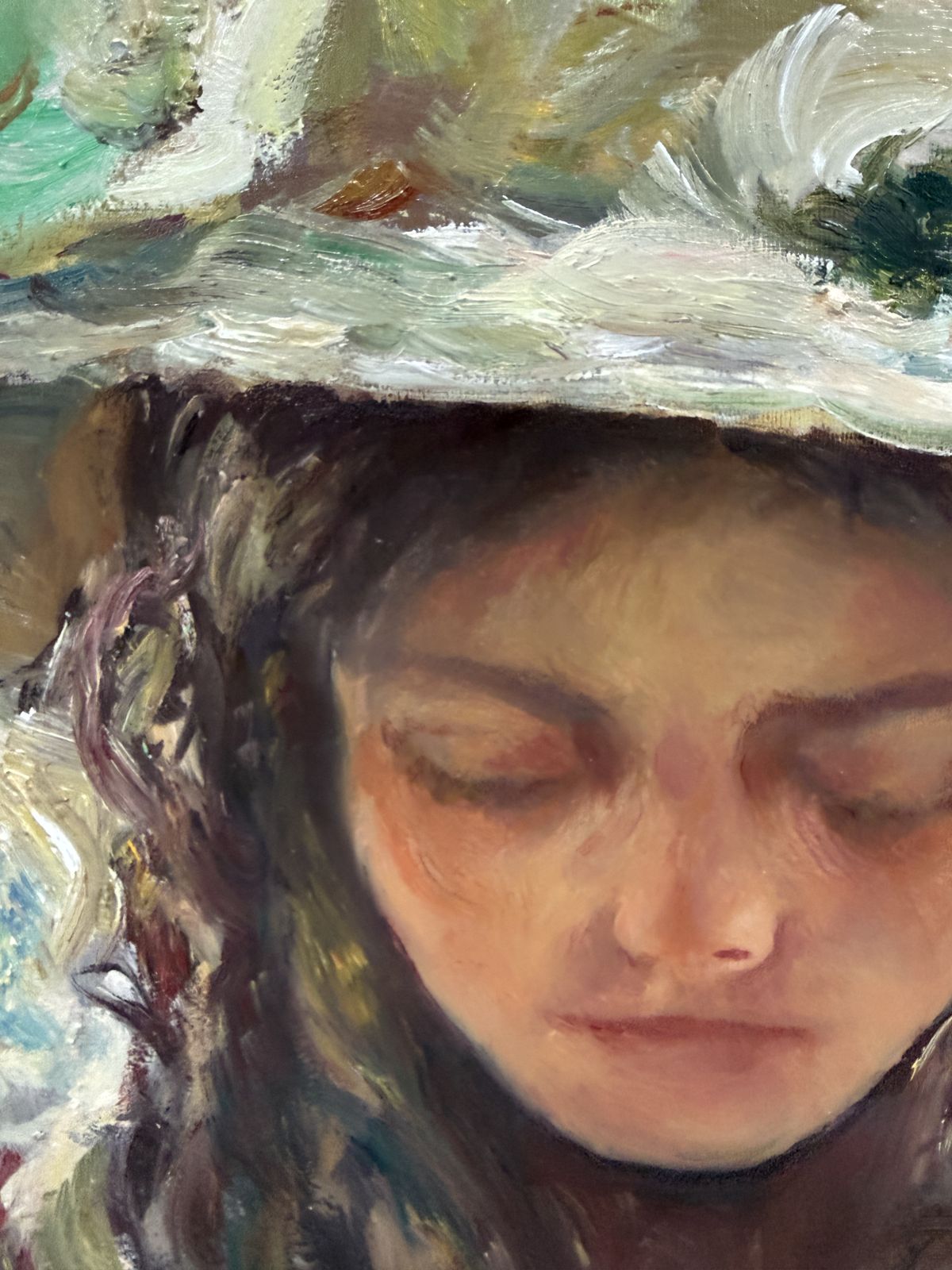 Rafael Santiago Muñoz, Mediterranean Woman With Hat, portrait figuratif expressif à l'huile sur toile, Espagne, 2026 photo Art