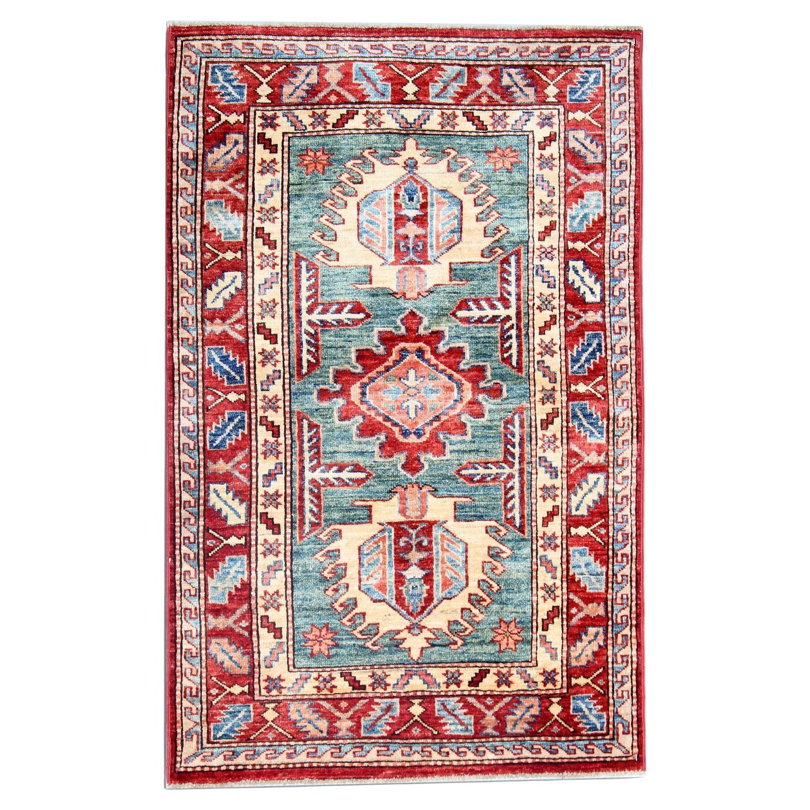 Tapis oriental vert à motifs géométriques, fait main, coloris jaune.