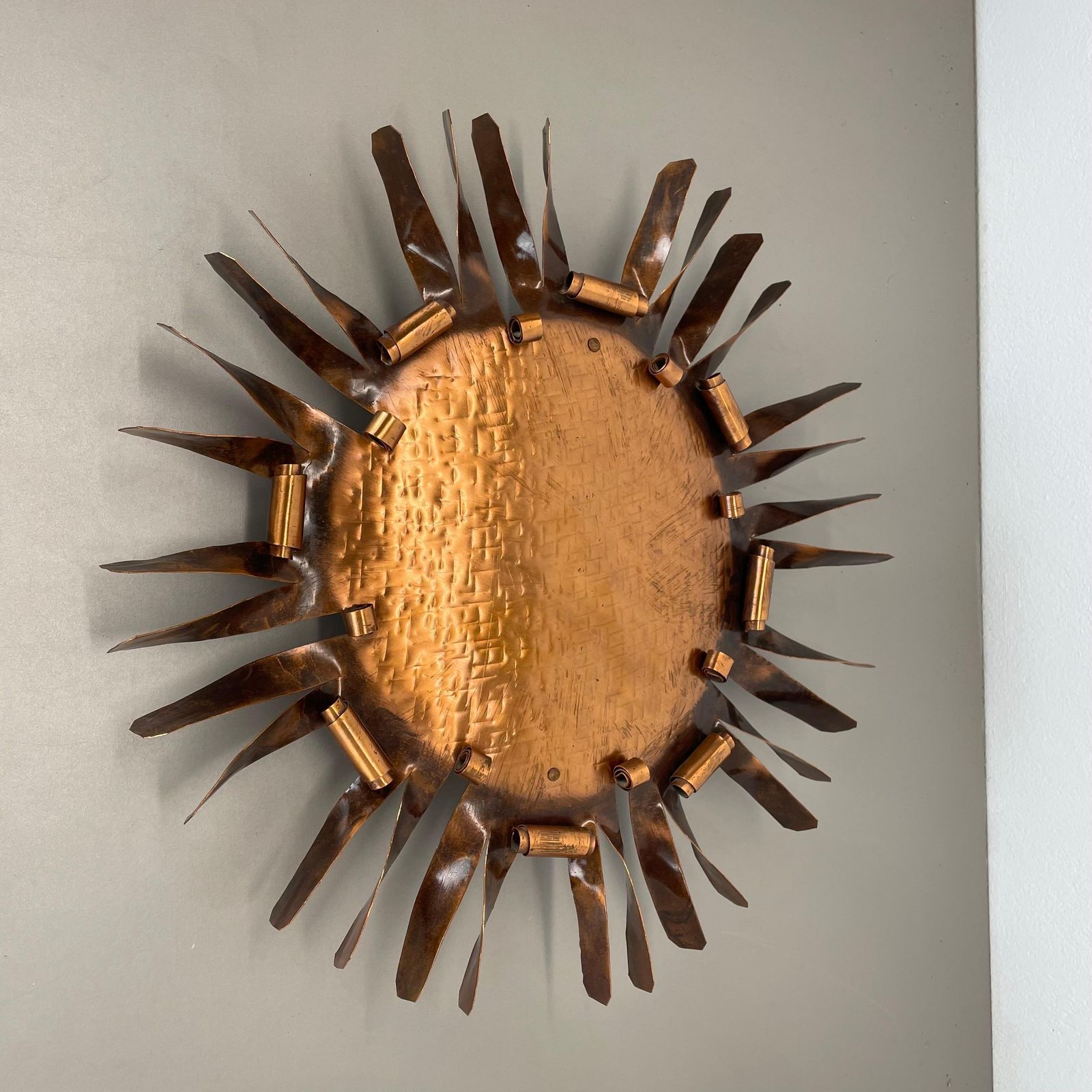 Large 50cm Solid Copper Stilnovo Style Sunburst Theatre Wall Light , Italy 1950s photo furniture
