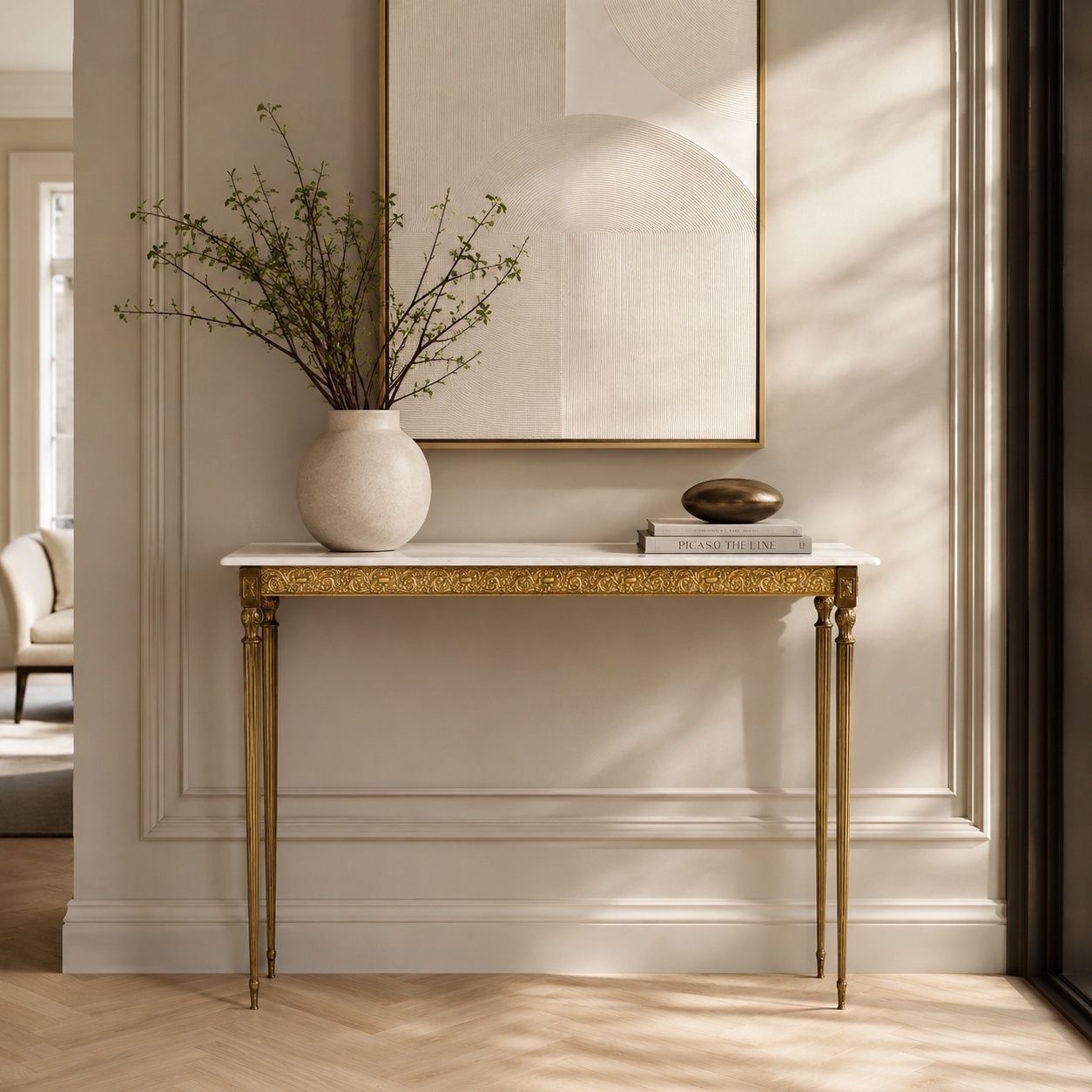 Antique Italian Brunished And Gilt Brass Console With Carrara Marble Top, Venice photo buy