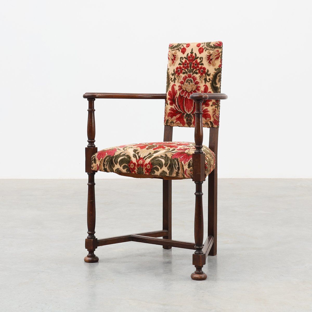 Antique Oak Louis XIII Chair With Floral Upholstery, France, 1890