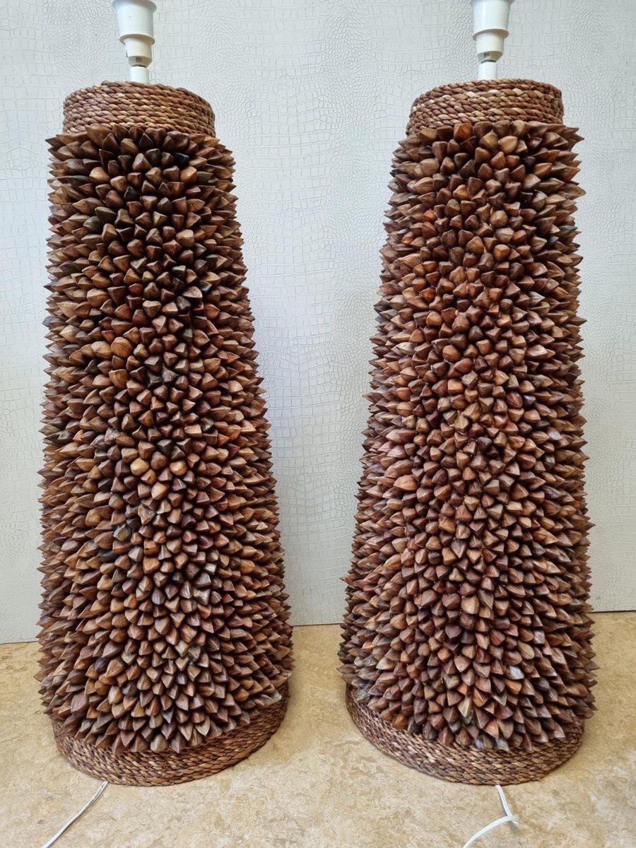 Handcrafted Pili Nut Shells Table Or Floor Lamps USA 2000s Set Of 2 photo Lighting