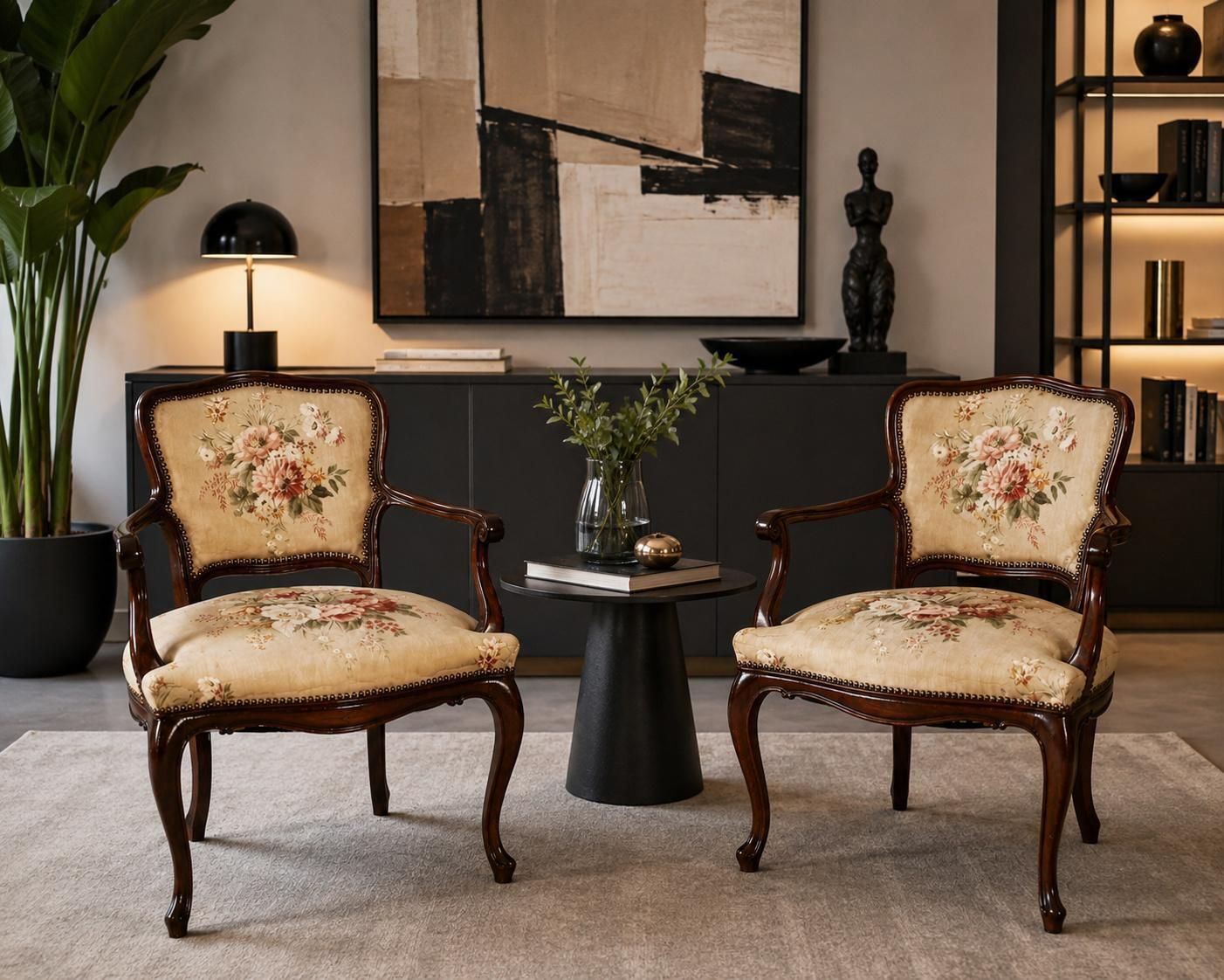 Belangrijk paar Venetiaanse walnoten fauteuils uit adellijk verblijf, Veneto, Italië photo vintage