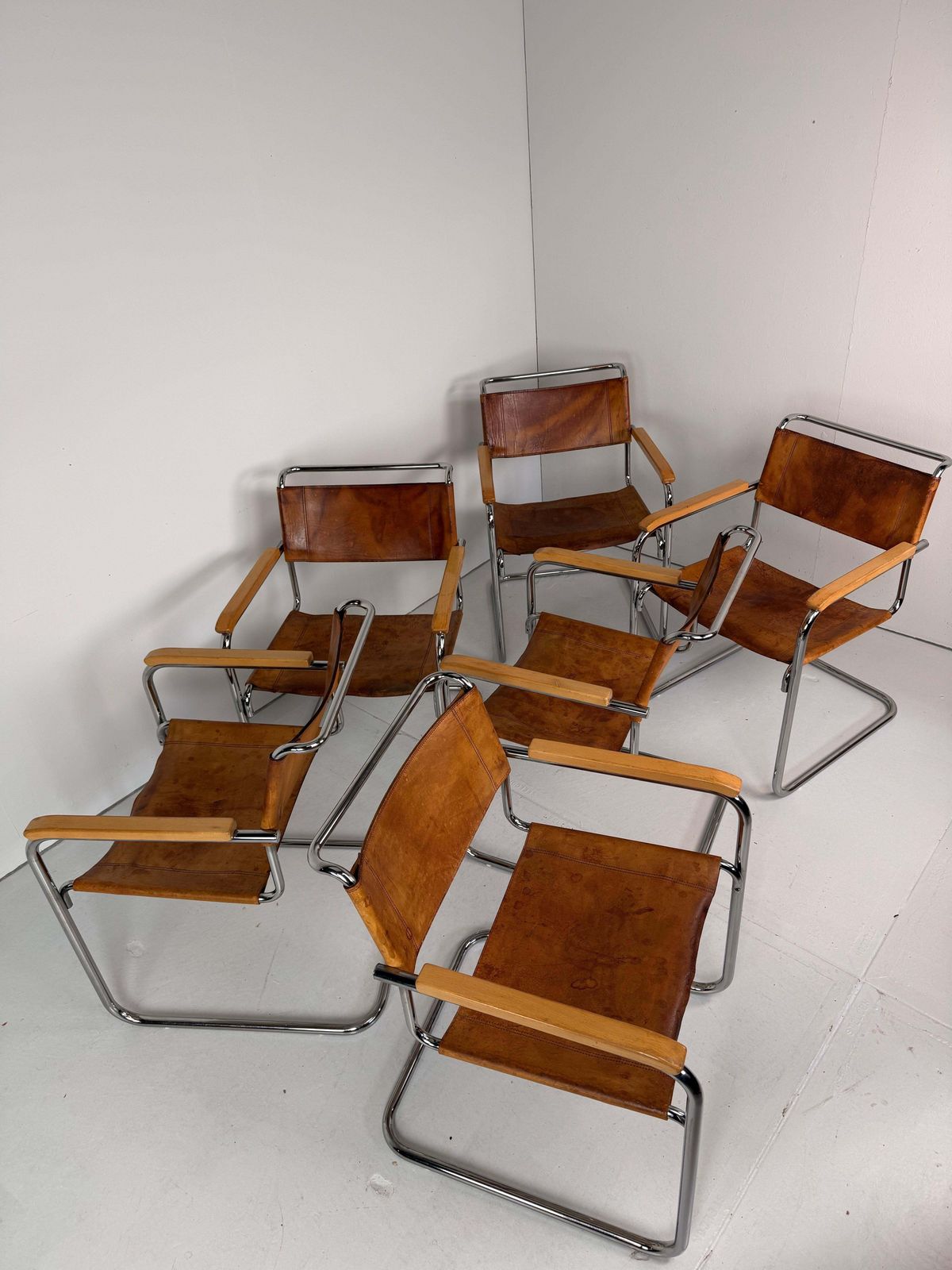 Set Of 6 Original Thonet S34 Cantilever Chairs In Cognac Leather & Chrome, 1970s photo buy
