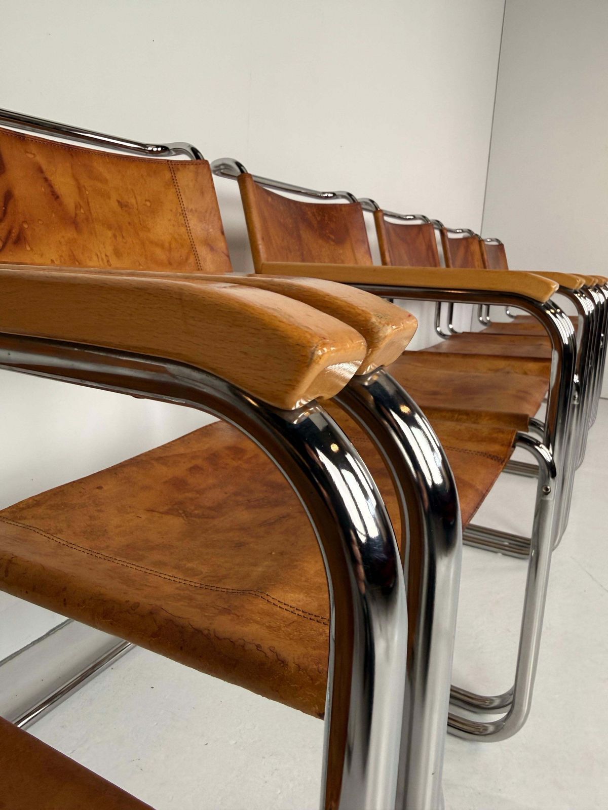 photo buy Set Of 6 Original Thonet S34 Cantilever Chairs In Cognac Leather & Chrome, 1970s