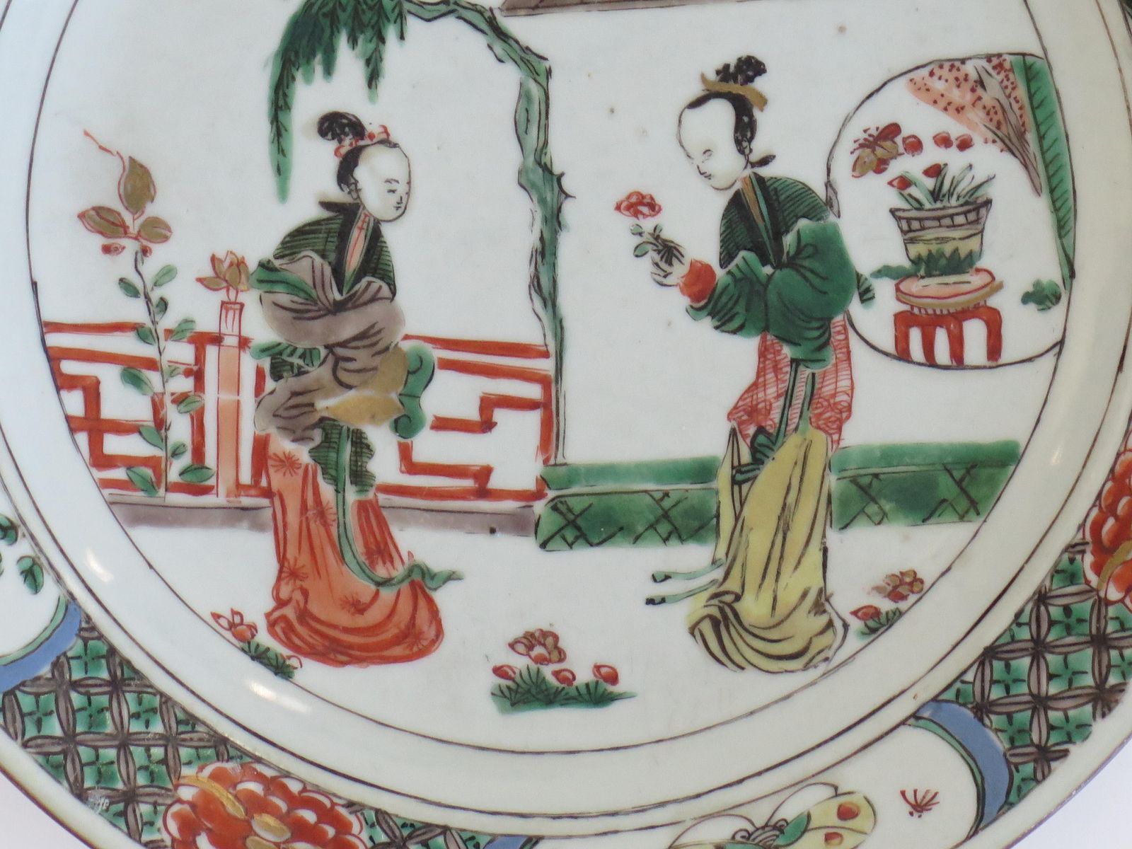 Chinese Famille Verte Plate, Hand Painted Porcelain, Kangxi Period C A 1690 photo vintage