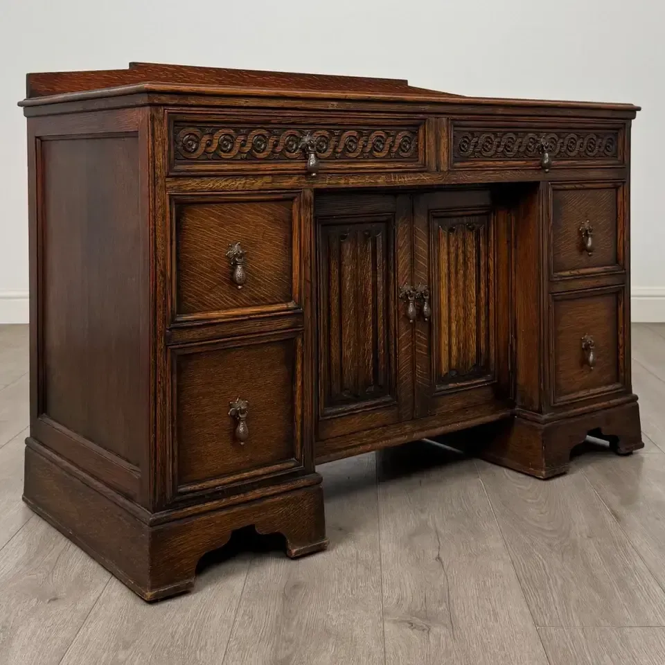 Antique 20th Century Carved Edwardian Desk In Oak photo vintage