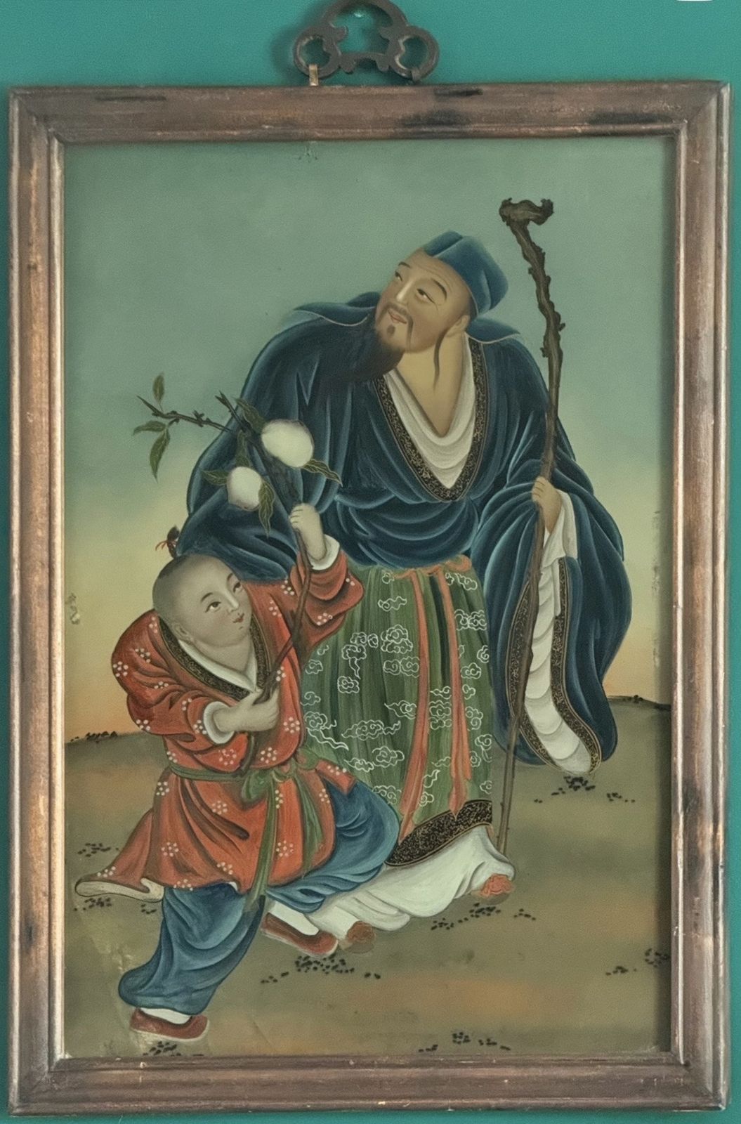 Rare 19th Century Chinese Reverse Glass Painting Of Shoulao & Child