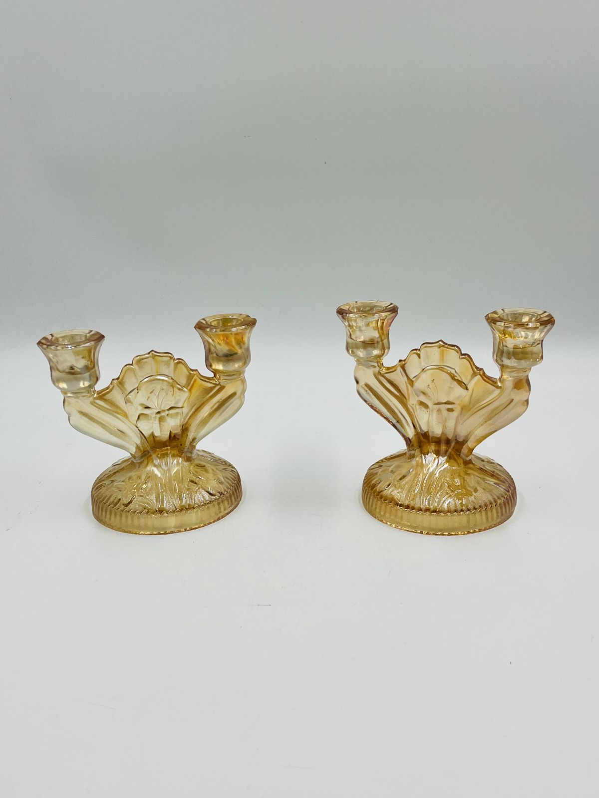 Paar Empoli Amber Glazen Kandelaars in Art Deco Stijl photo furniture
