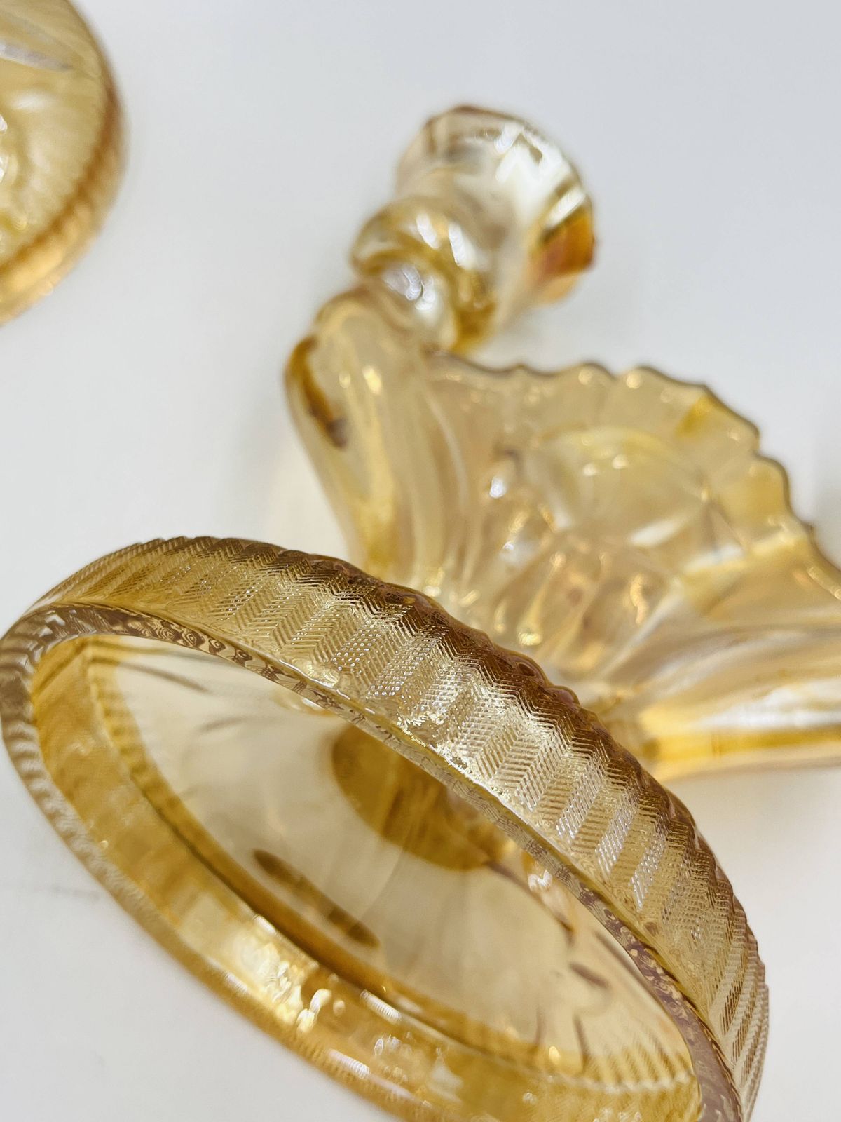 photo for sale Paar Empoli Amber Glazen Kandelaars in Art Deco Stijl