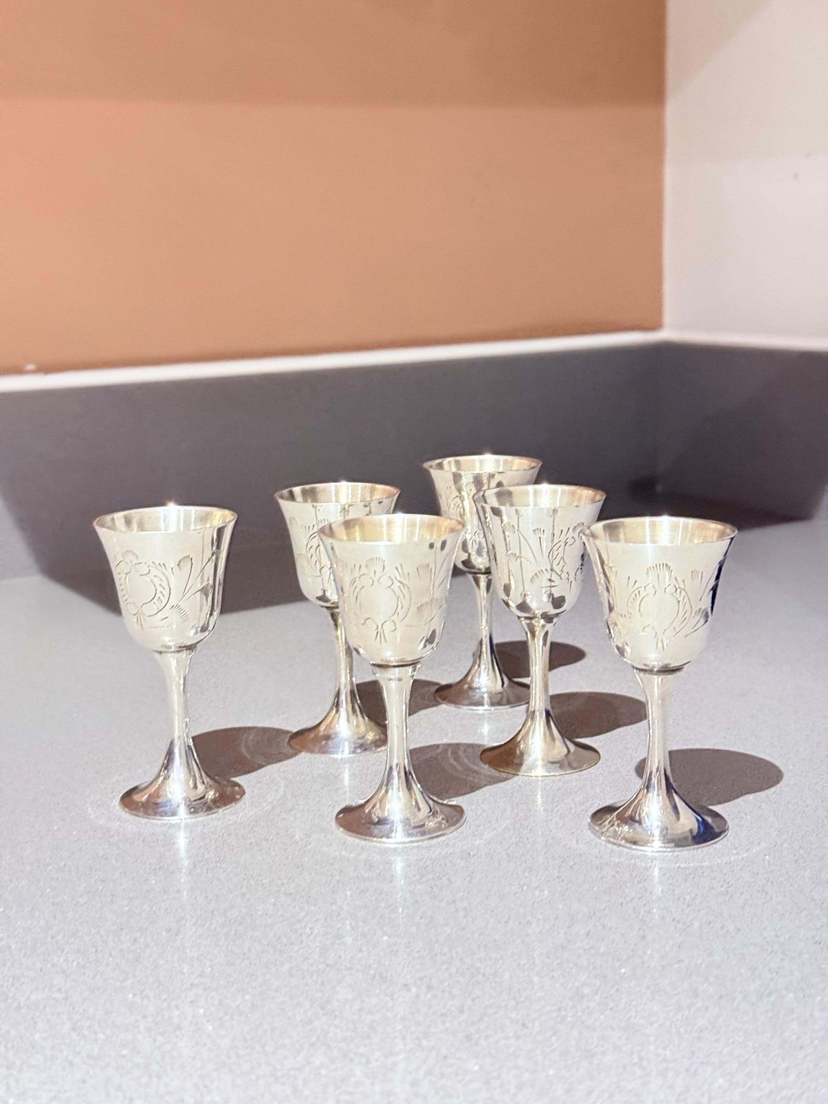 Set van zes verzilverde cordiaalglazen in presentatiekoffer photo buy