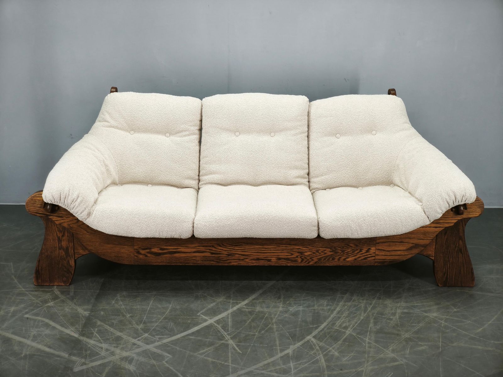 Brutalist Solid Oak And Bouclé Three Seat Sofa, Czechoslovakia 1970s photo vinterior