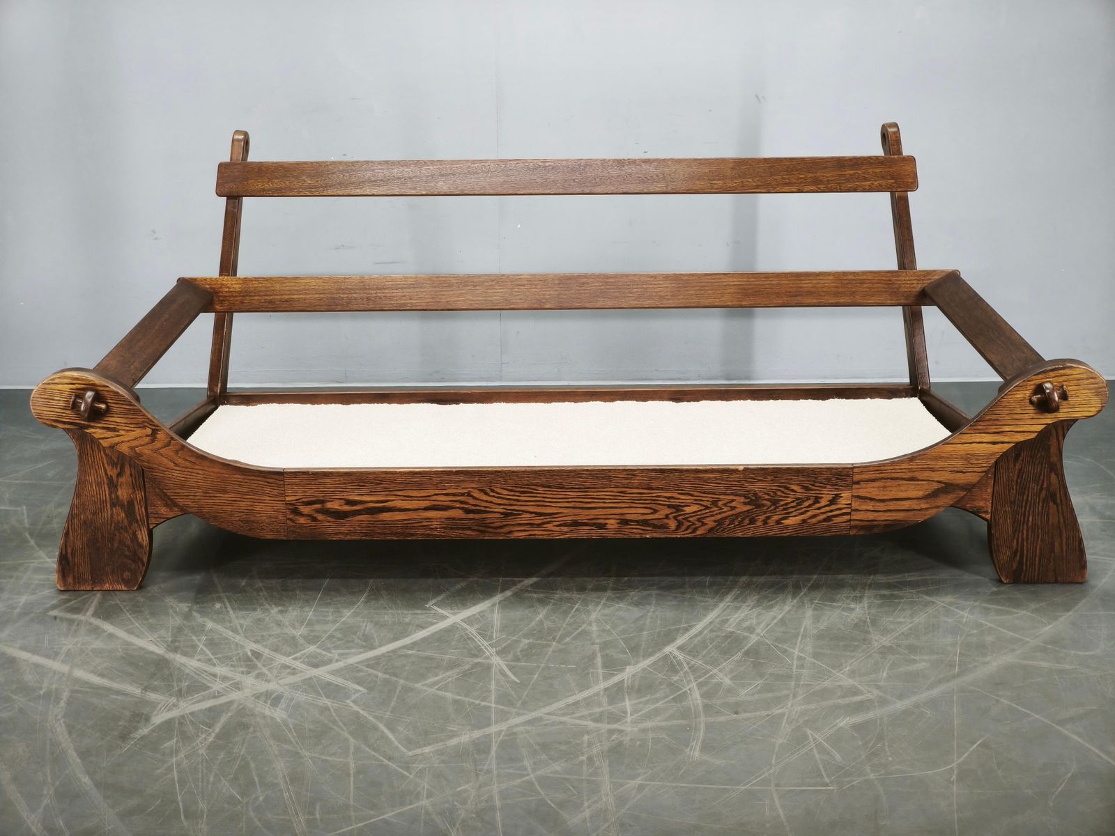 Furniture Brutalist Solid Oak And Bouclé Three Seat Sofa, Czechoslovakia 1970s photo