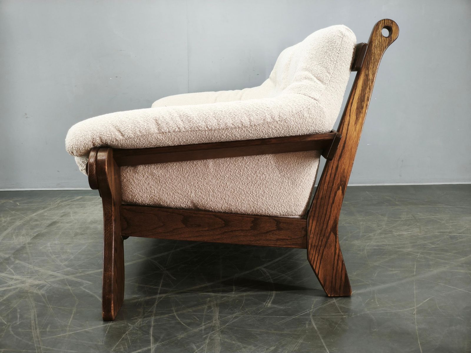 photo buy Brutalist Solid Oak And Bouclé Three Seat Sofa, Czechoslovakia 1970s