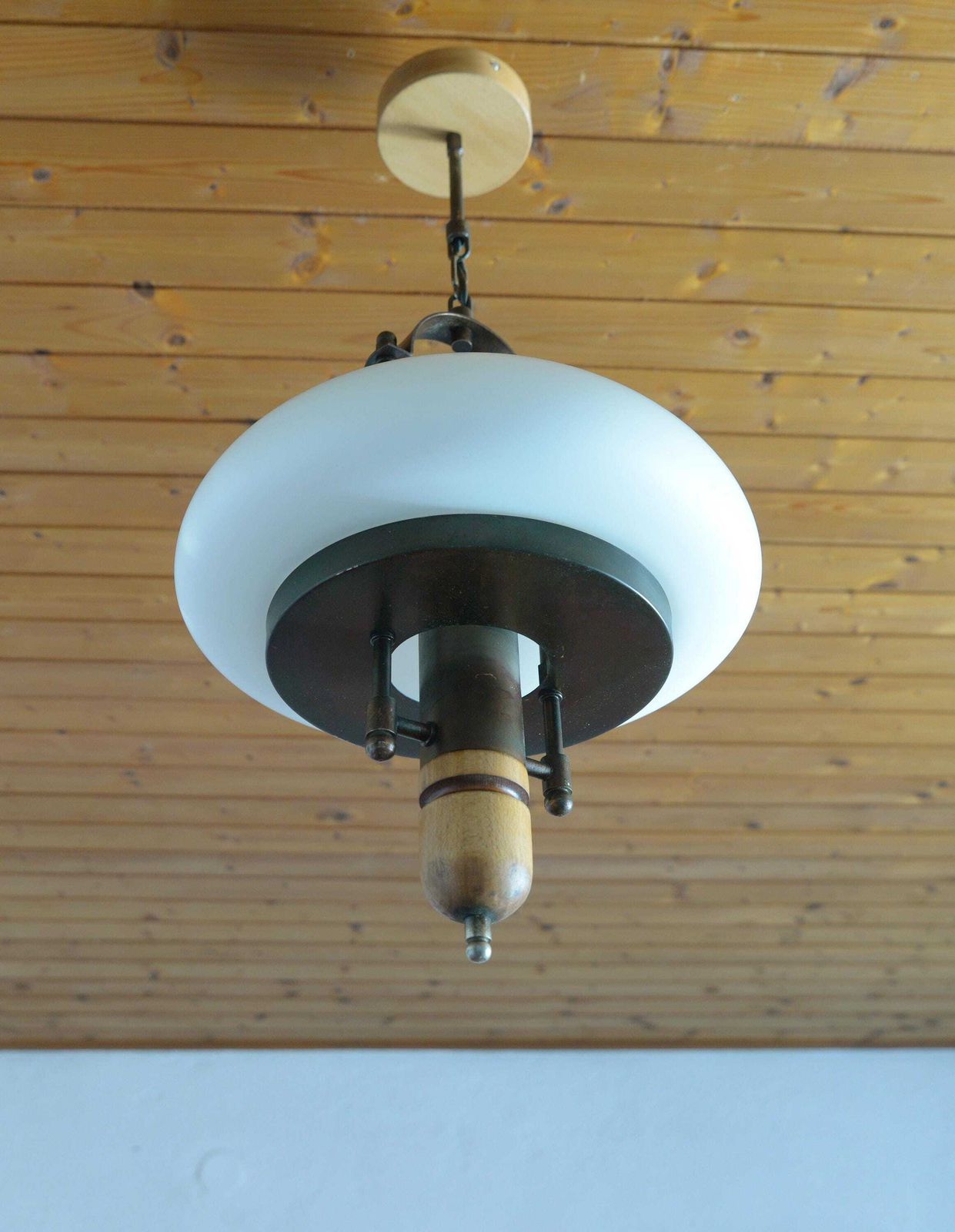 Vintage Lantern Pendant Light | Mid Century Opaline Glass Chandelier | Rewired Yugoslavian Hanging Lamp | Rustic Colonial photo 299.0
