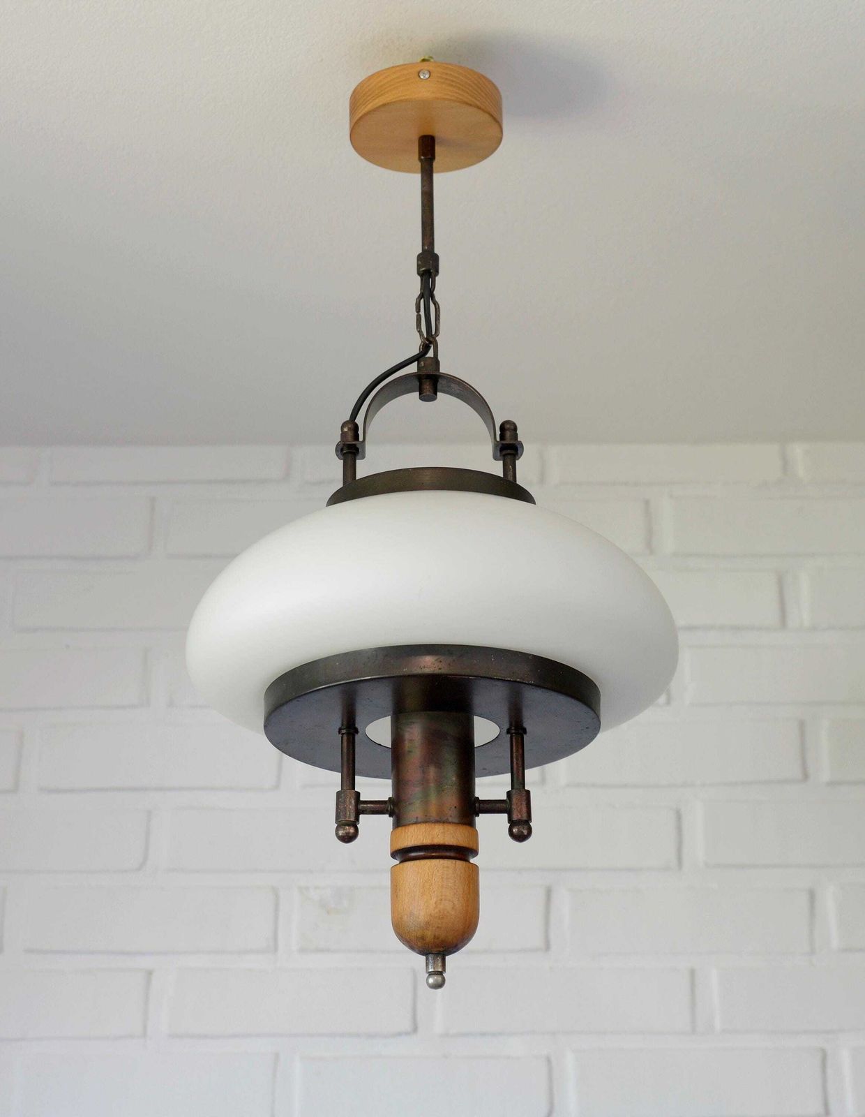 Vintage Lantern Pendant Light | Mid Century Opaline Glass Chandelier | Rewired Yugoslavian Hanging Lamp | Rustic Colonial photo vinterior