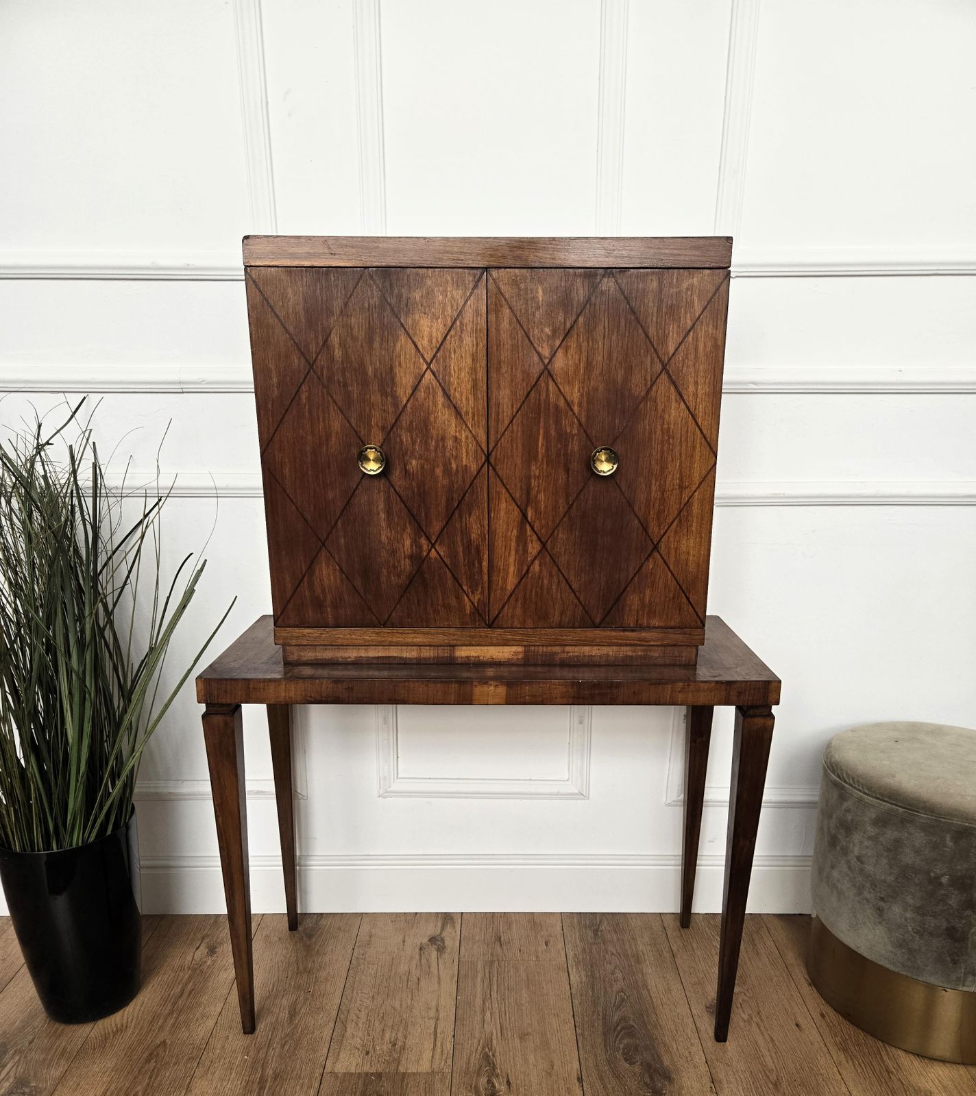 photo furniture 1950s Art Deco Mid Century Italian Walnut Mirror Mosaic Bar Cabinet