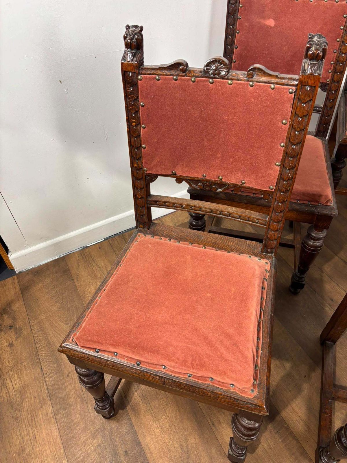 429.0 Victorian Set Of Six Carved Oak Dining Chairs photo