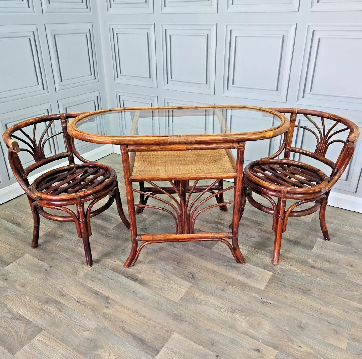 Vintage Rattan Dining Set   Bistro Cane Table And 2 Chairs Compact Retro Boho Mcm