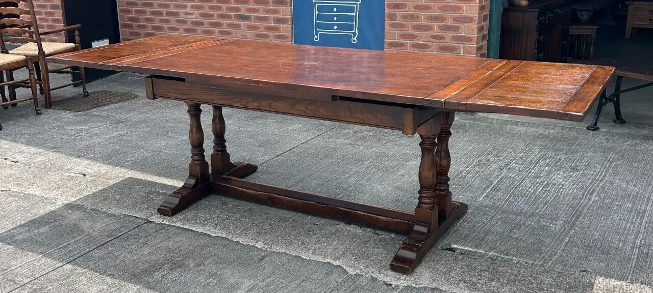 Vintage English Oak Jacobean Style Extending Drawleaf Refectory Dining Table