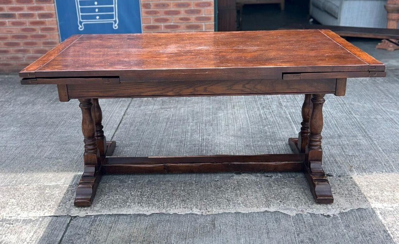 Vintage English Oak Jacobean Style Extending Drawleaf Refectory Dining Table photo for sale