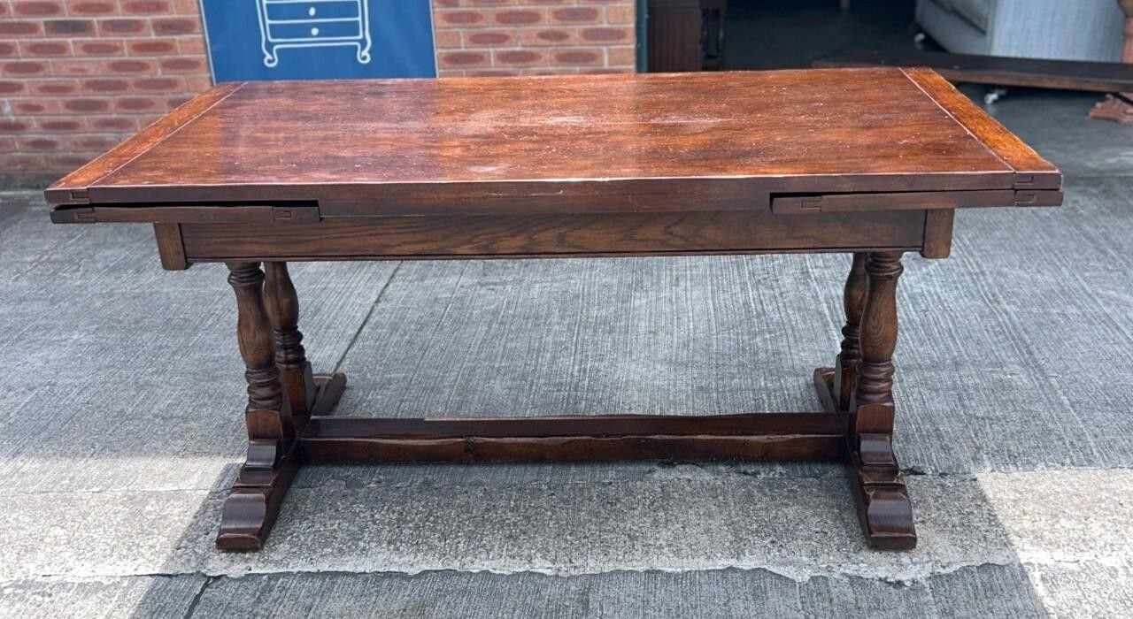 Vintage English Oak Jacobean Style Extending Drawleaf Refectory Dining Table photo Furniture
