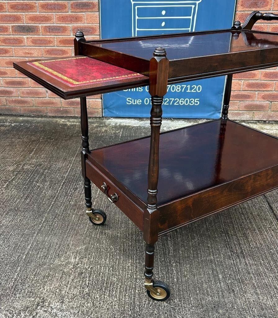 Vintage Retro Flame Mahogany Two Tier Wheeling Drinks Trolley With Leather Slide photo for sale