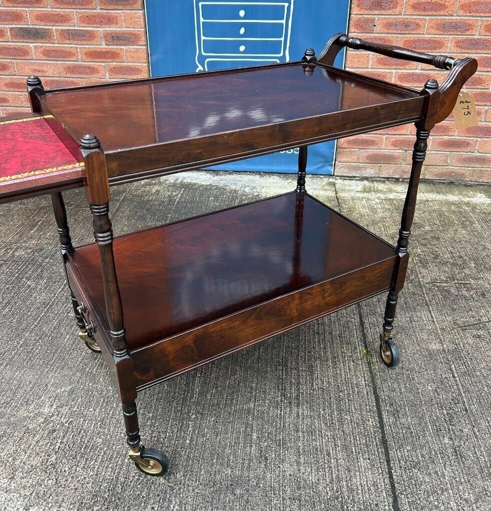 Vintage Retro Flame Mahogany Two Tier Wheeling Drinks Trolley With Leather Slide photo Furniture