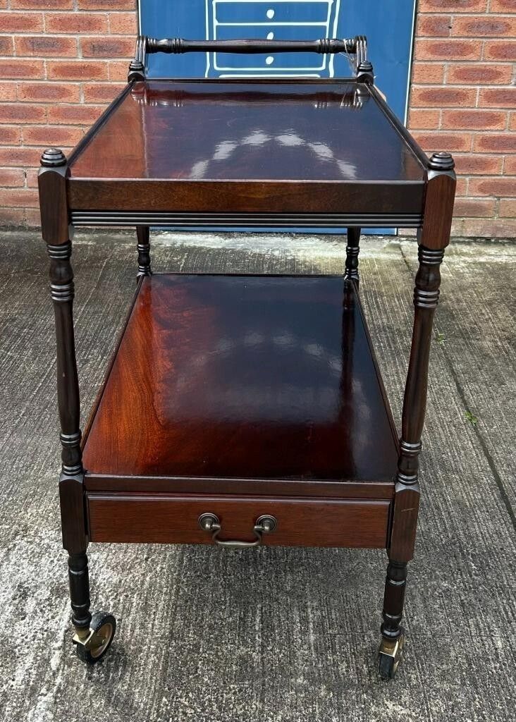 Vintage Retro Flame Mahogany Two Tier Wheeling Drinks Trolley With Leather Slide photo vinterior