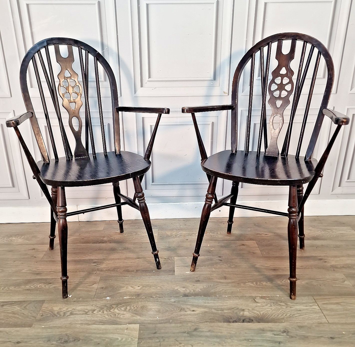 Pair Vintage Windsor Armchairs   Wheelback Hoop Back Chairs   Retro Mid Century